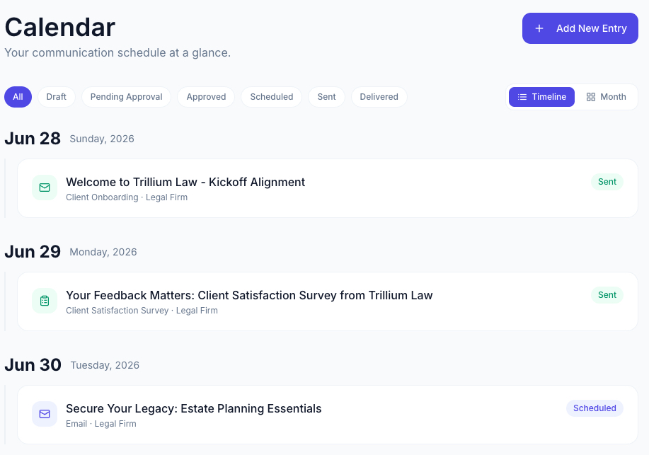 Calendar — communication schedule at a glance