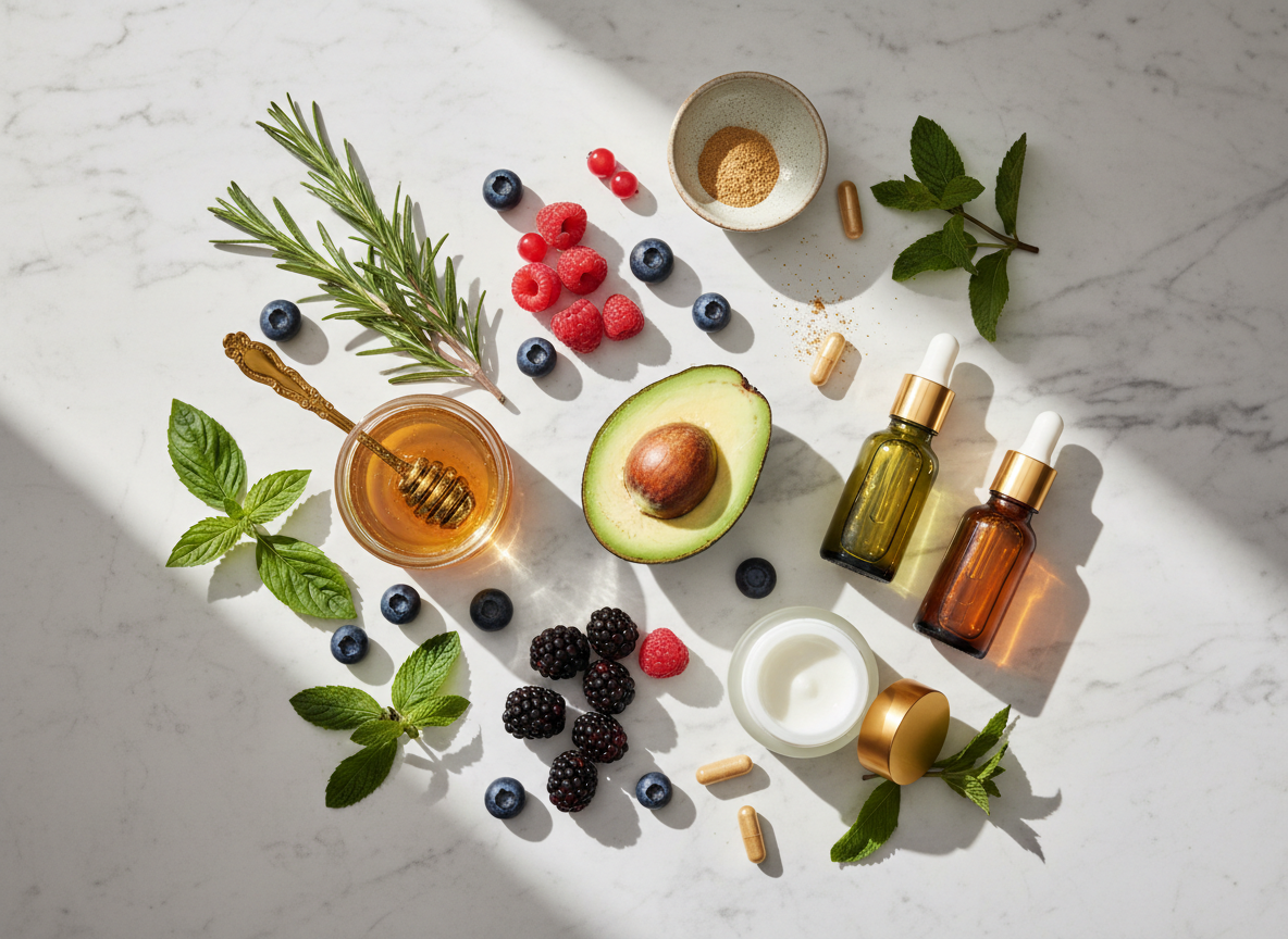 Composición artística de ingredientes orgánicos frescos y suplementos sobre superficie de mármol