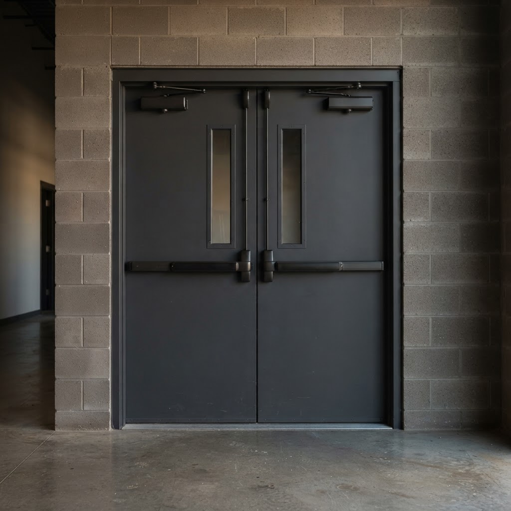 Commercial hollow metal doors with exit hardware and door closers