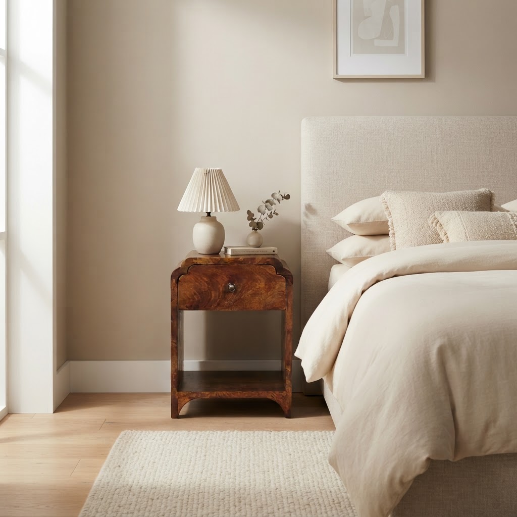 Newton Mini Chestnut Nightstand with a drawer and open shelf