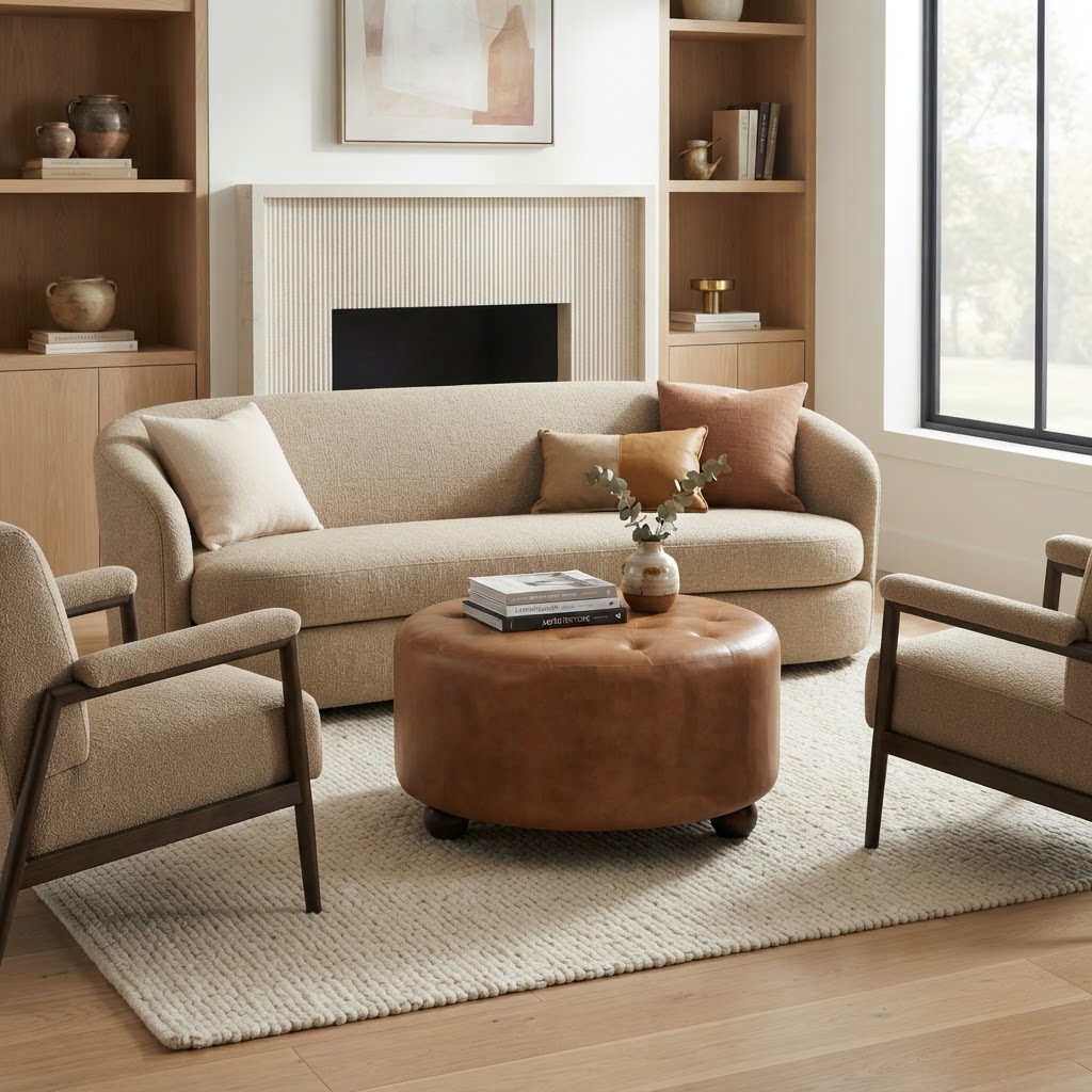 Brown Buffalo hide leather Round Ottoman