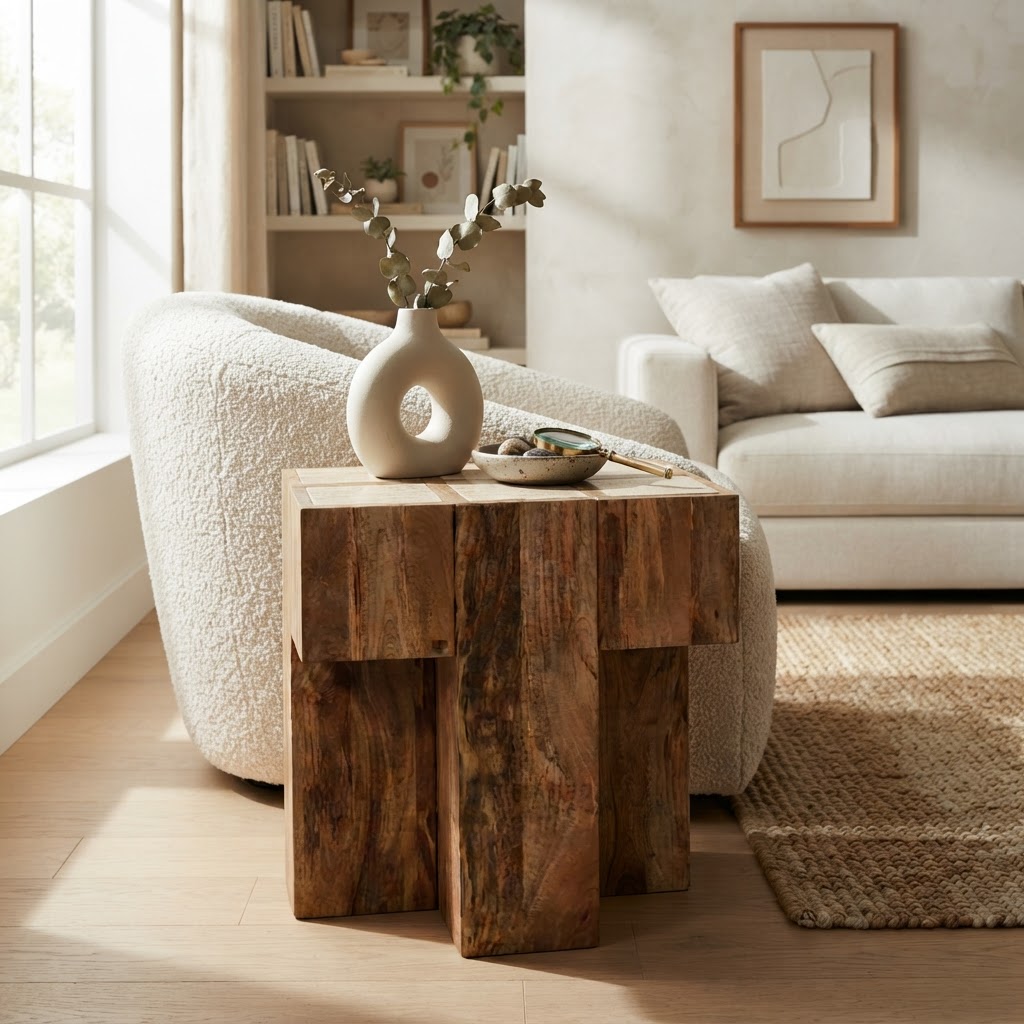 Travertine Top Block Side Table