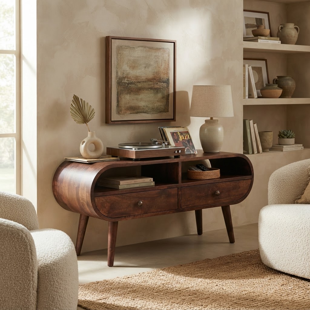 Walnut Curved Two Drawer Media Unit