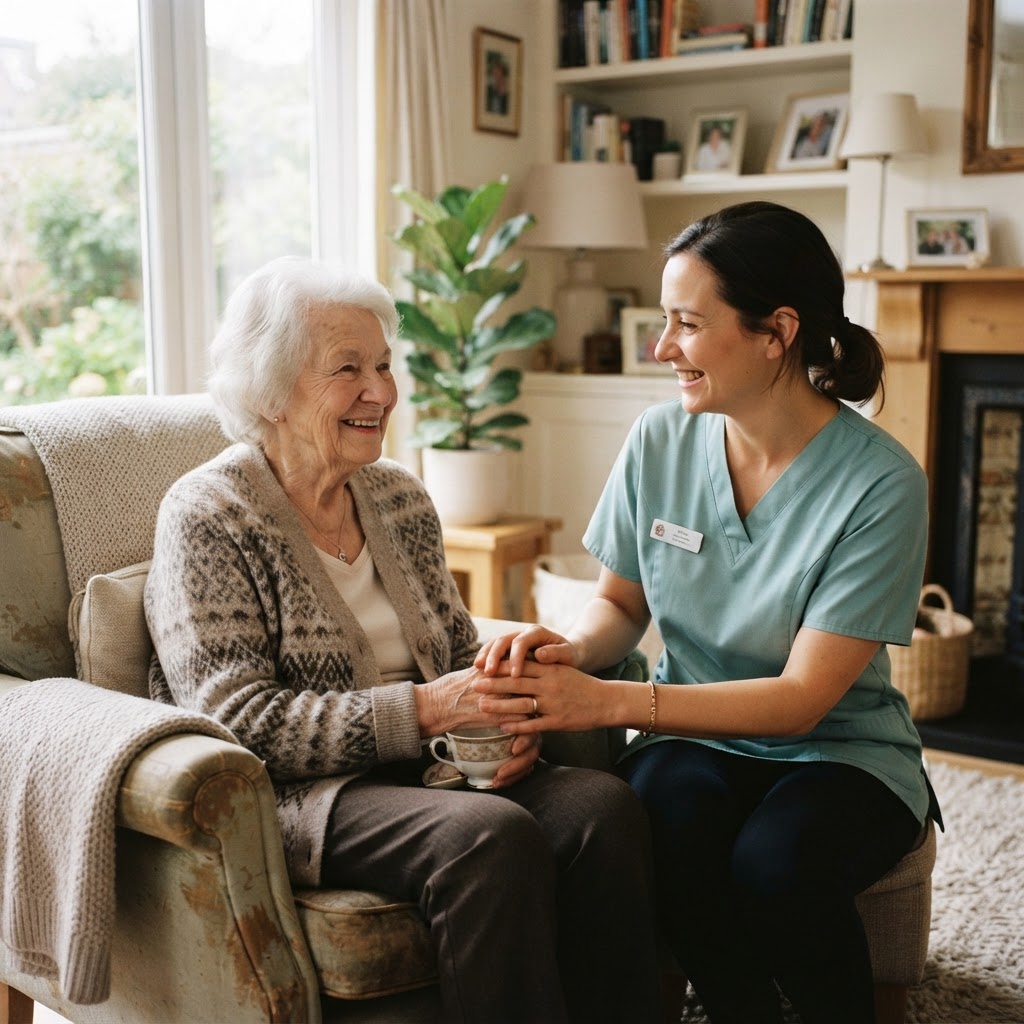 A compassionate OPG Care caregiver spending time with a senior at home in Red Deer, Alberta