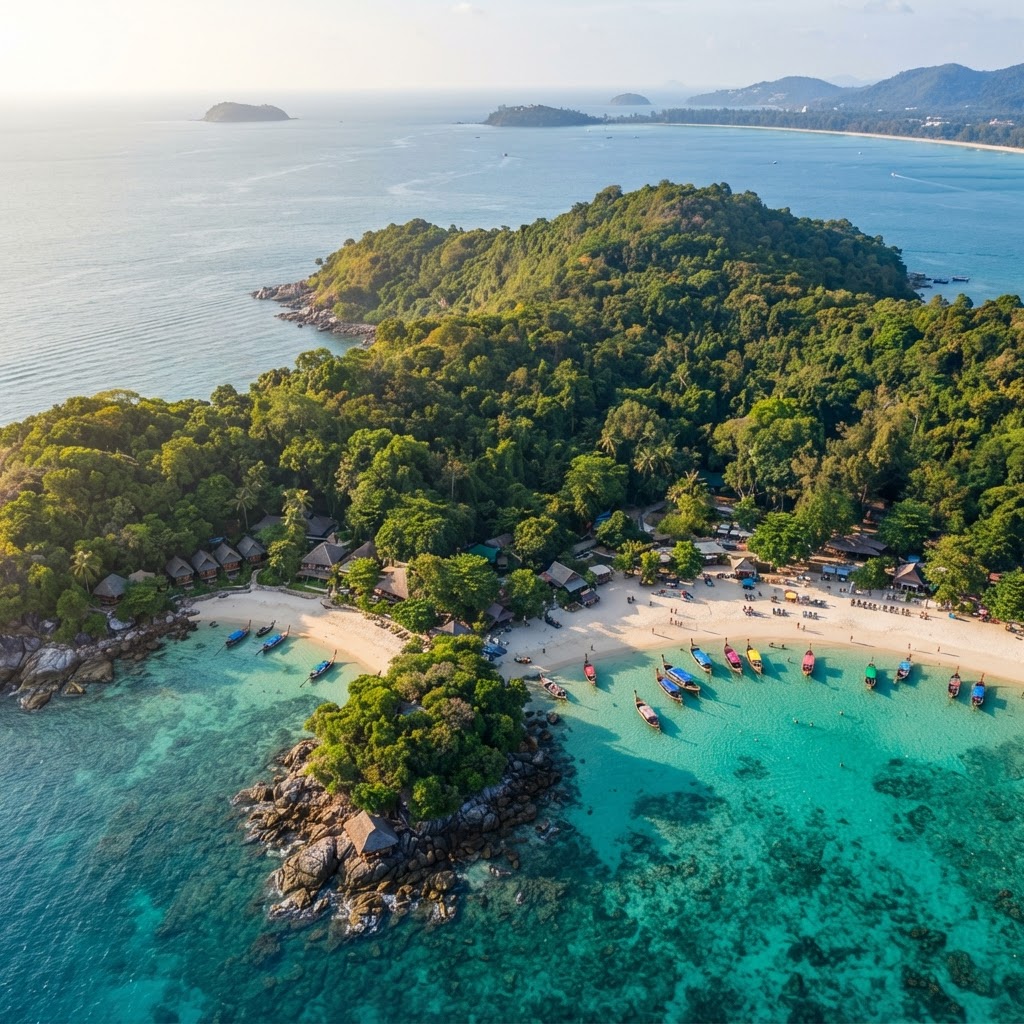 Aerial view of Coral Island (Koh Hey) off Phuket's southern coast