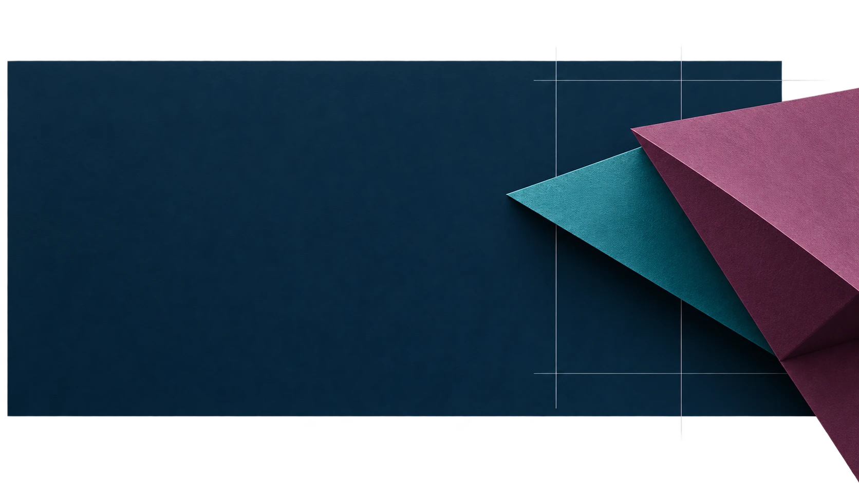 Layered teal and aubergine paper folds emerging from a structured grid.
