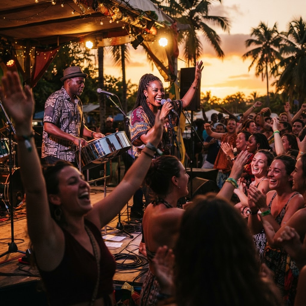 Live Caribbean music performance at golden hour