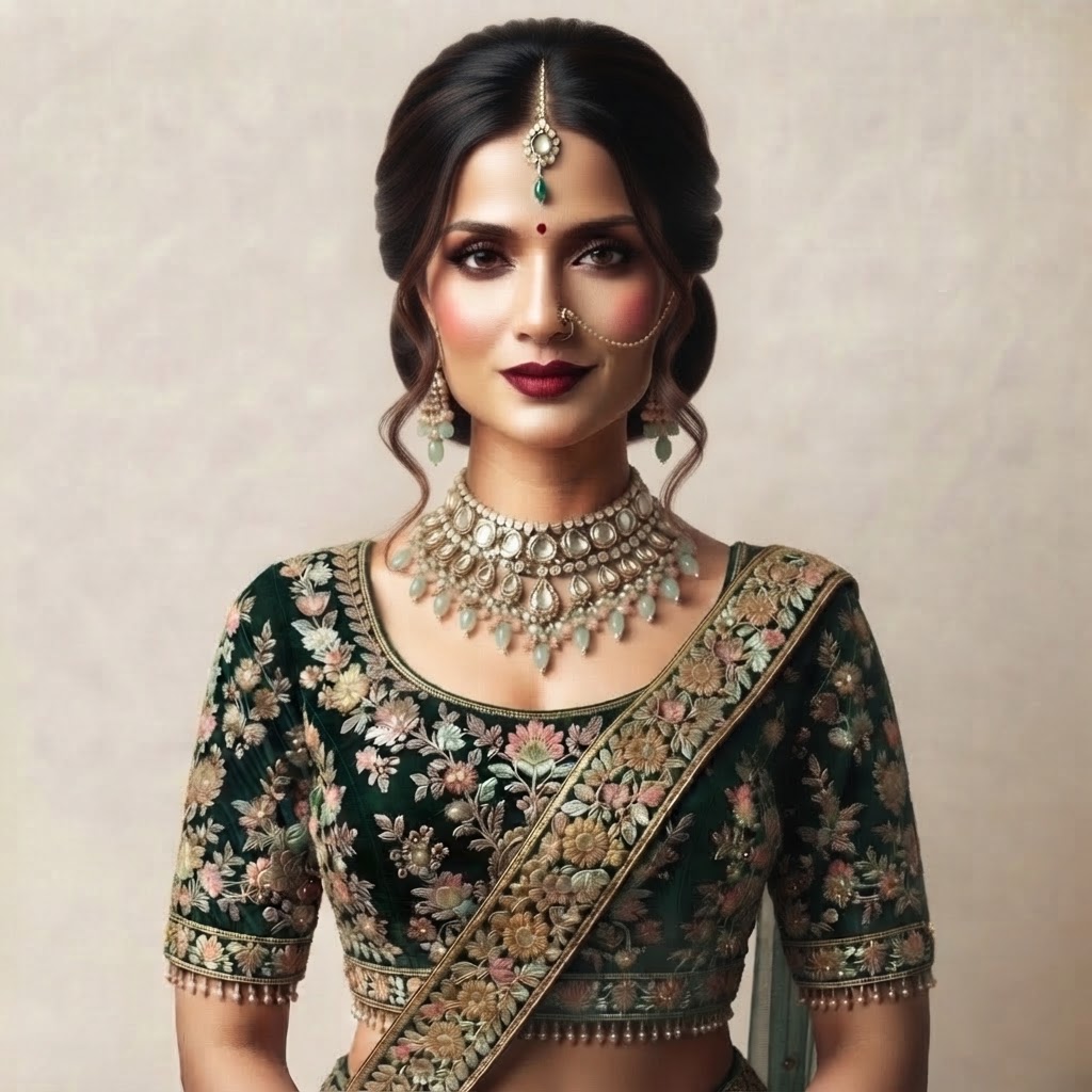 Round Neck neckline with matching bridal jewellery