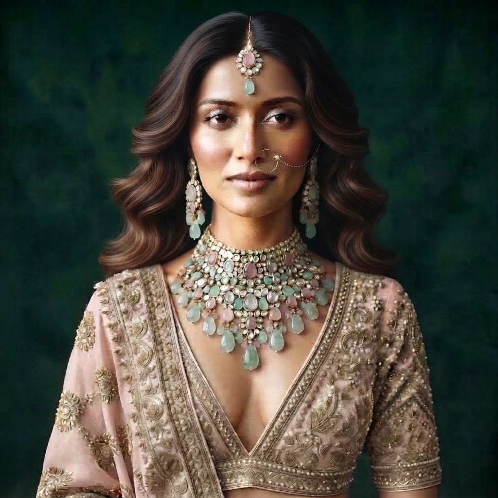 Deep V-Neck neckline with matching bridal jewellery