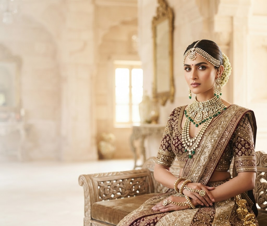 A regal bride adorned in Polki and Kundan bridal jewellery