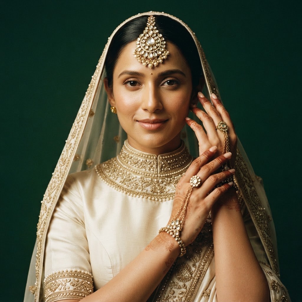 High Neck neckline with matching bridal jewellery