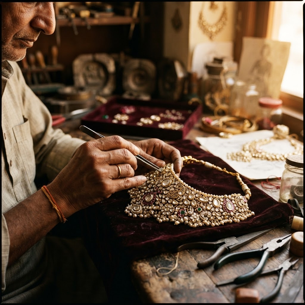 A master artisan's hands setting Kundan and Polki replica stones into a bridal necklace in a heritage atelier workshop