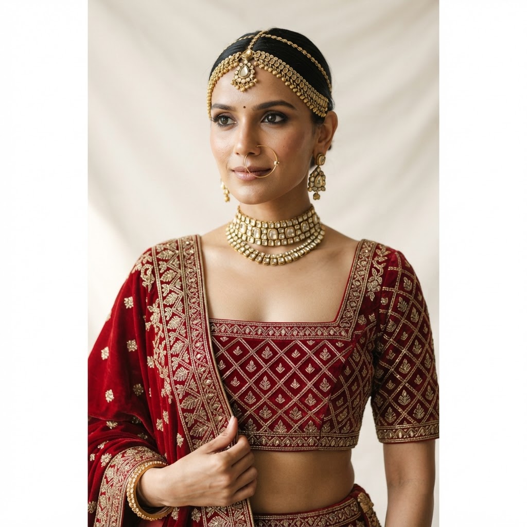 Square Neck neckline with matching bridal jewellery