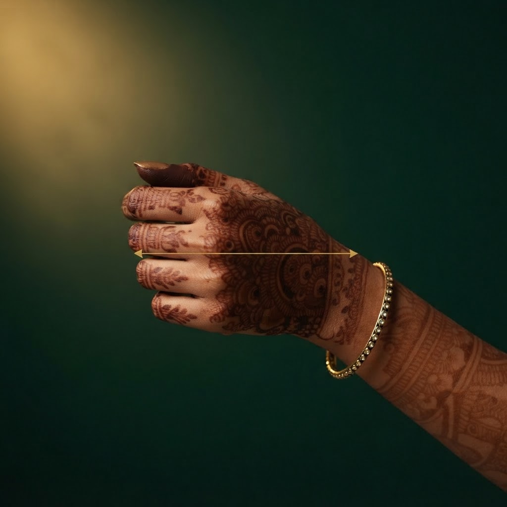 Hand wearing a gold bangle with a measurement line across the knuckles, marking the widest part of the hand
