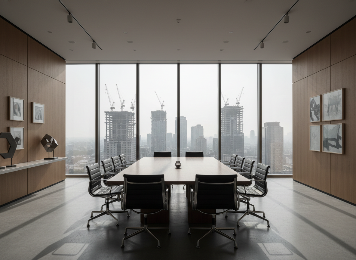 Executive boardroom with city skyline view