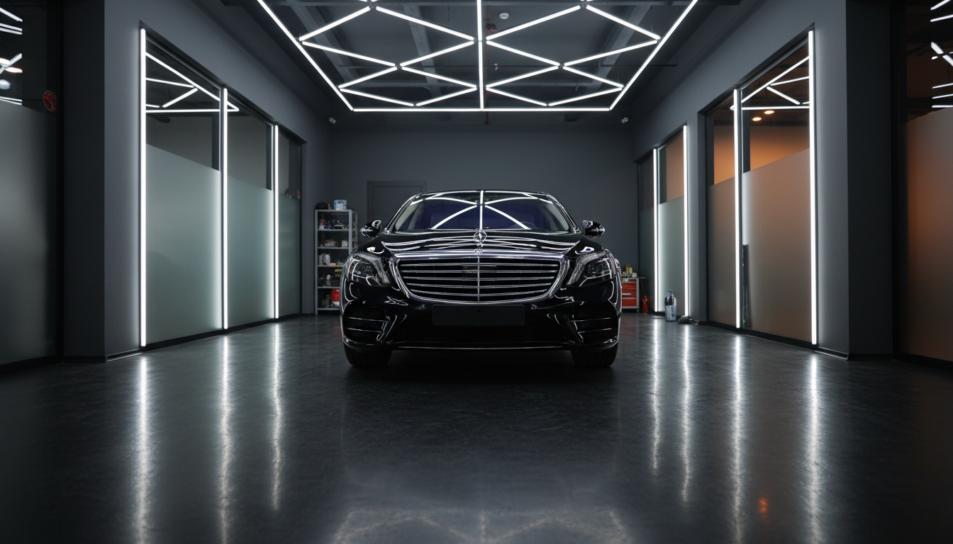Luxury vehicle in detailing studio under LED lights