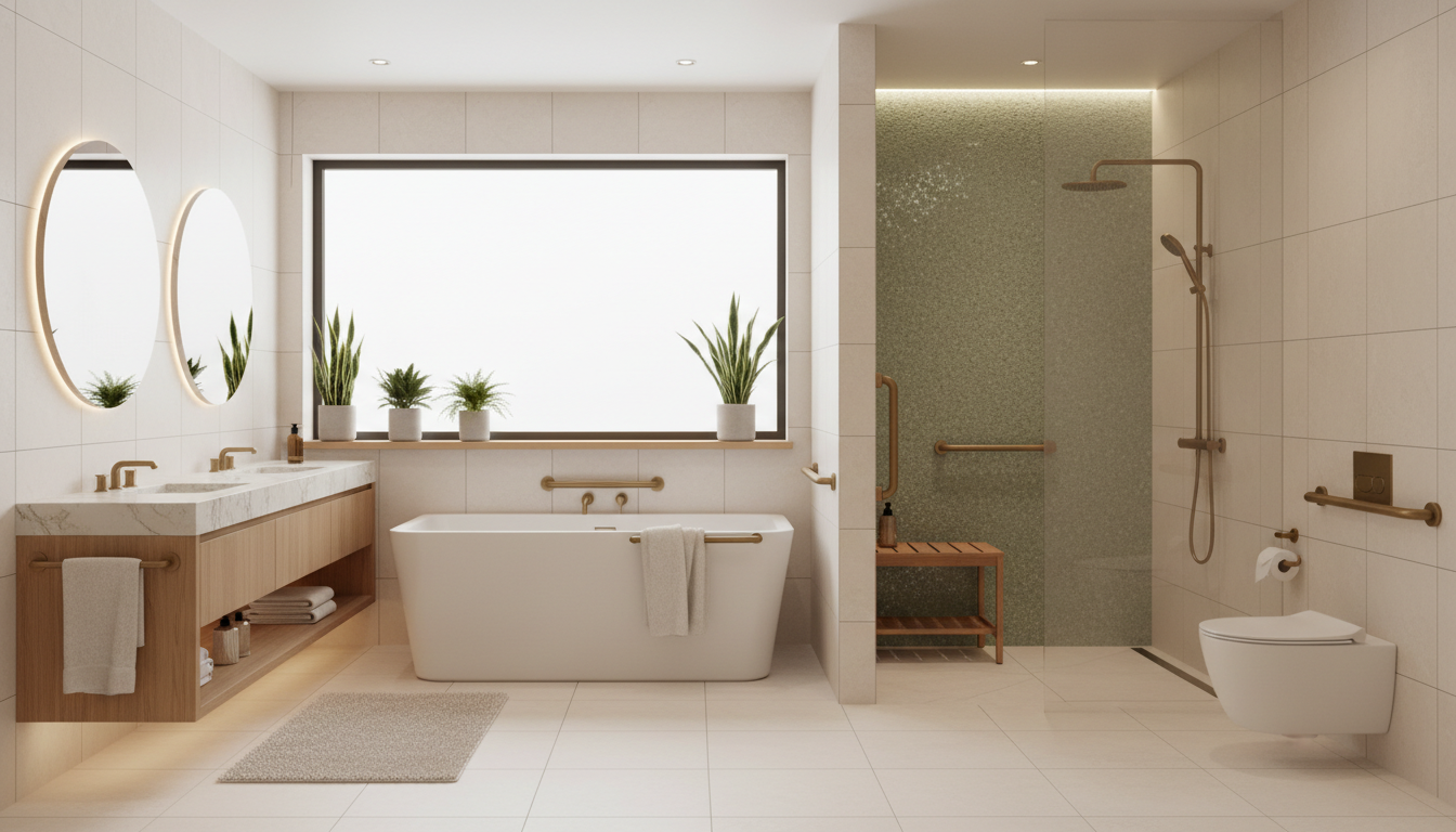 Modern, beautifully designed accessible bathroom with level-access shower and sleek grab rails