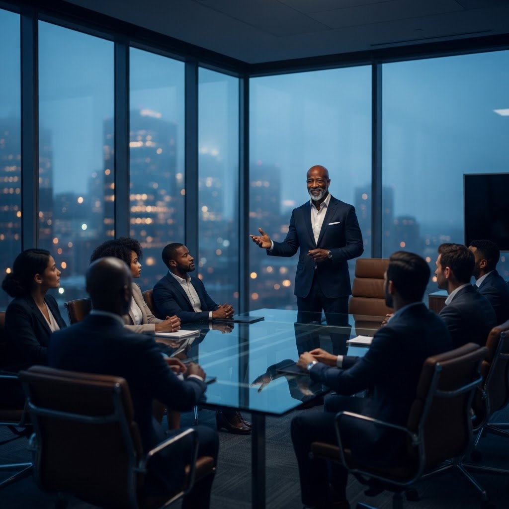 You running a meeting with a multicultural team in a highrise conference room overlooking the city skyline