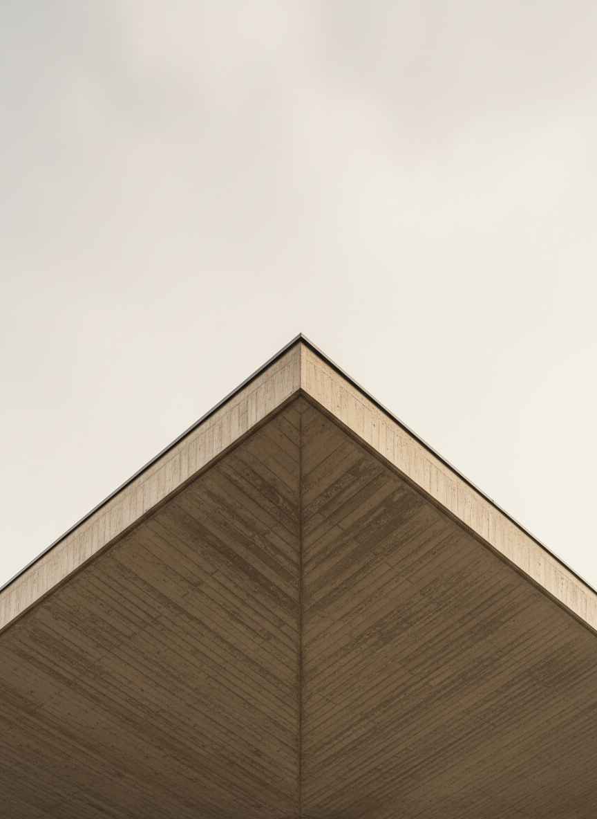 Cantilevered concrete roof detail against a pale sky
