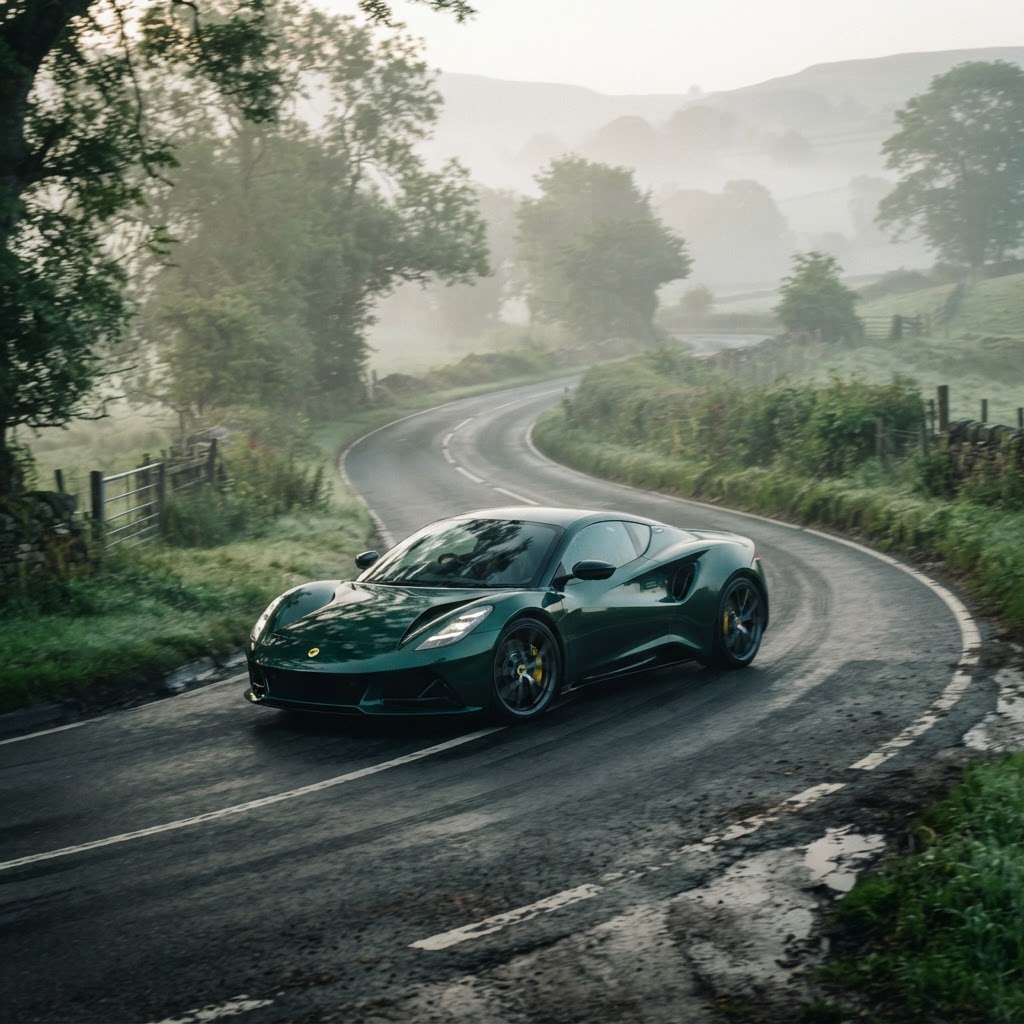 Lotus Emira verde clássico em estrada rural sinuosa entre névoa matinal