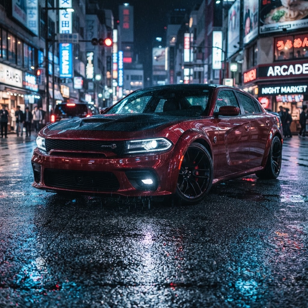 Dodge Charger vermelho escuro com postura agressiva em asfalto molhado à noite