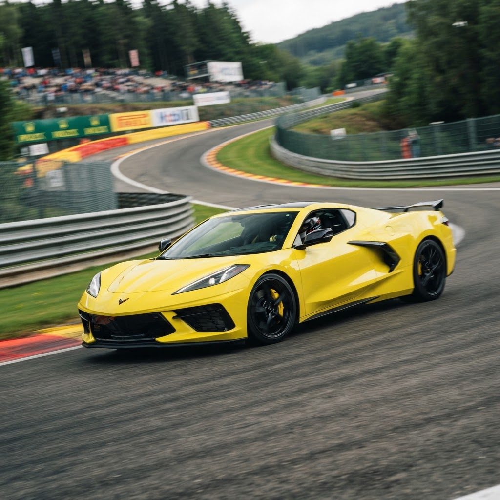 Chevrolet Corvette amarelo em ação em pista com desfoque de movimento