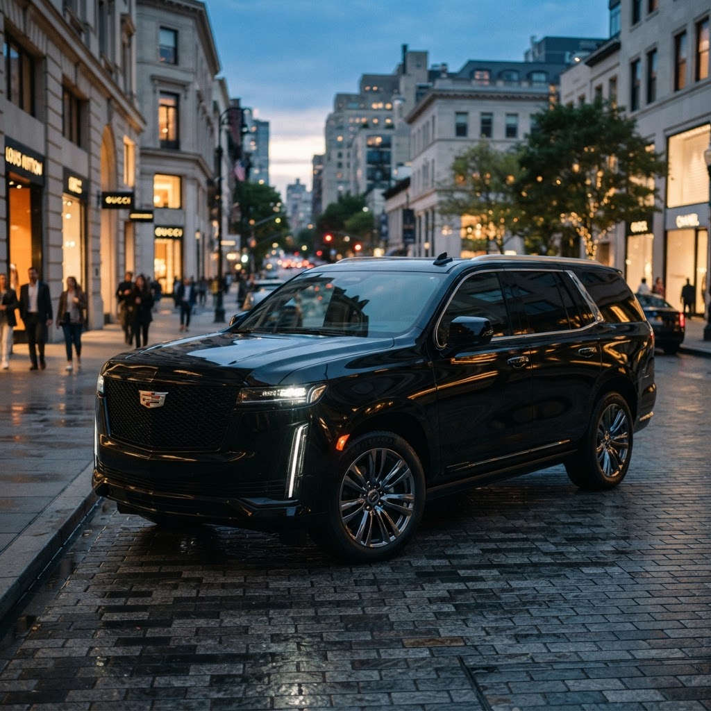 Cadillac Escalade 2026 preto brilhante visto de frente em cenário urbano