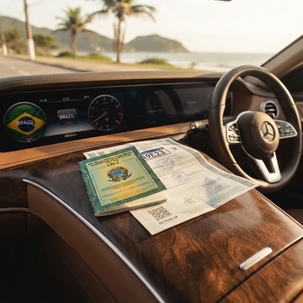 Documentos de registro de veículo importado sobre o painel de um carro de luxo