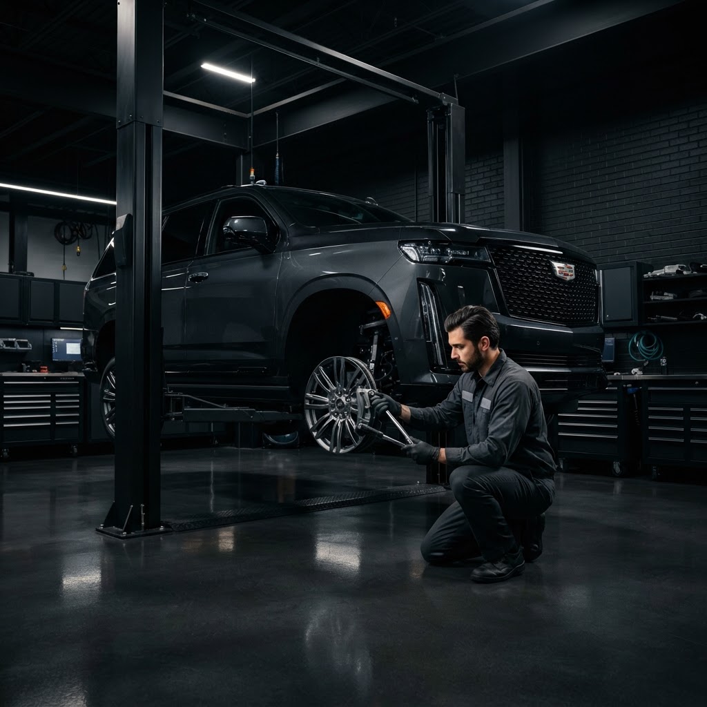 Mecânico realizando manutenção em SUV de luxo americano em oficina premium