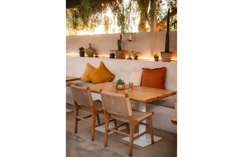 Patio seating with cushions and greenery