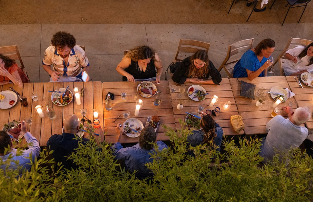 Overhead view of friends dining together