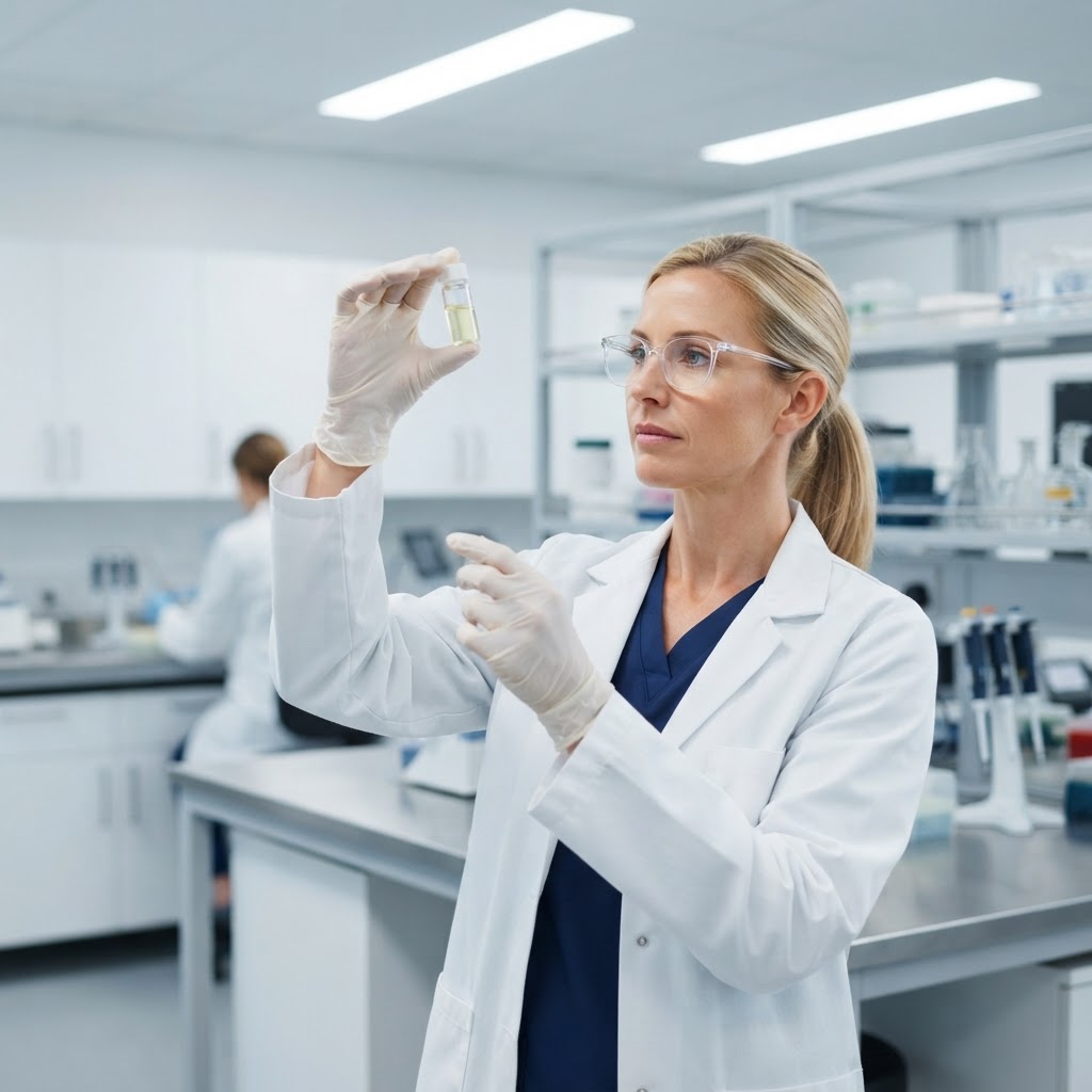 Research scientist in a laboratory handling a research vial