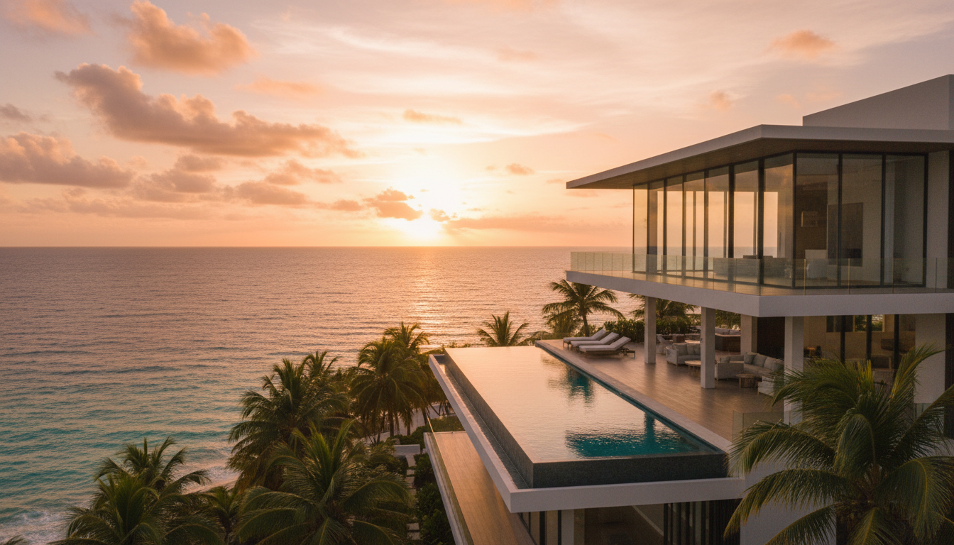 Luxury beachfront property in San Juan, Puerto Rico at golden hour