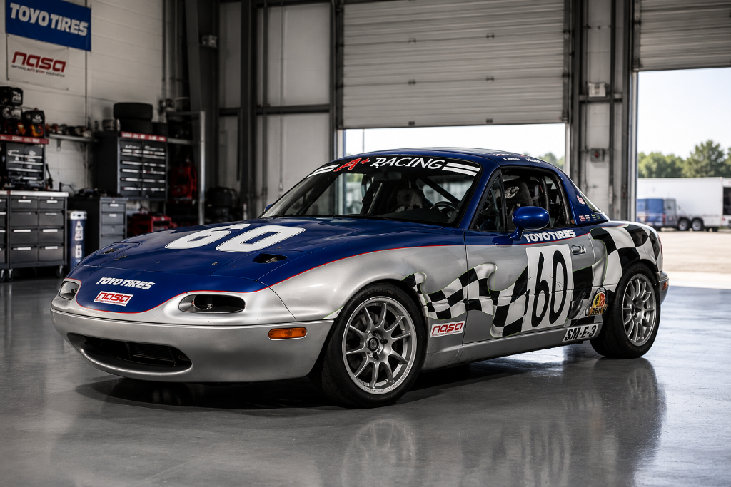 Professionally prepared A+ Racing Spec Miata #60 in the paddock