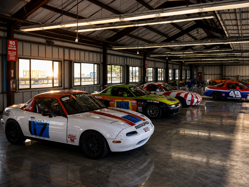 A+ Racing Spec Miata fleet lined up in the paddock garage