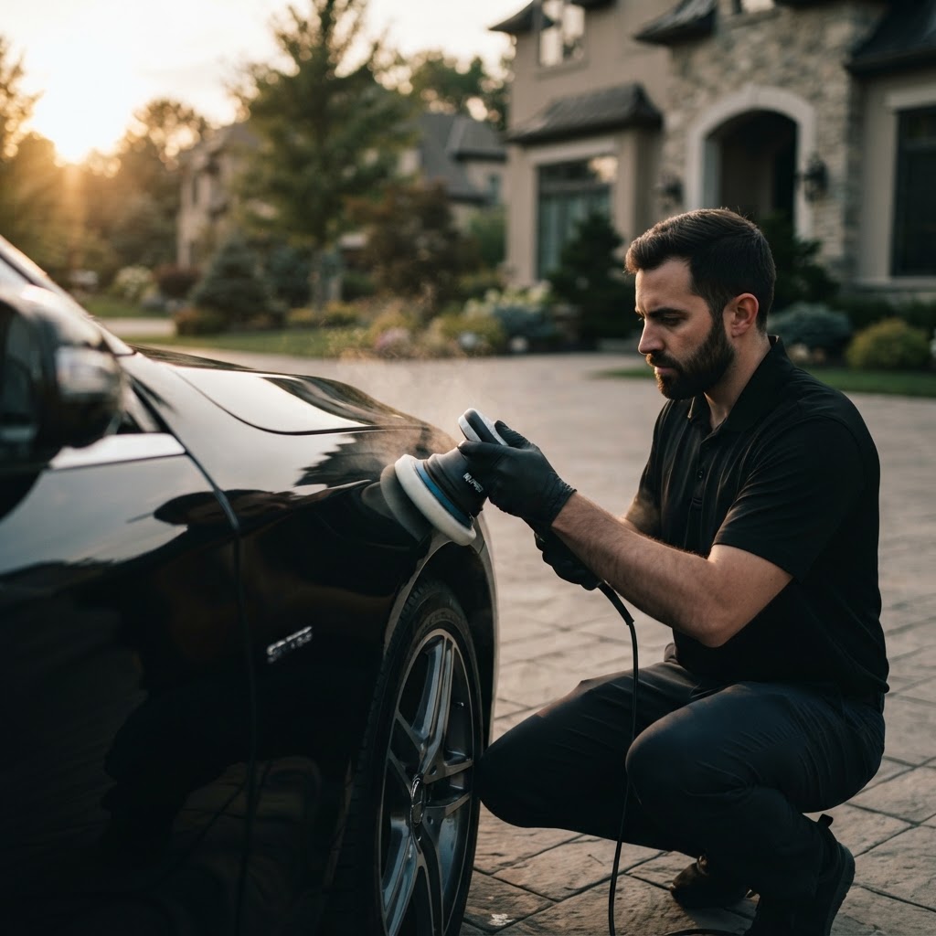TheWashMen specialist restoring a luxury car's paint in the client's driveway
