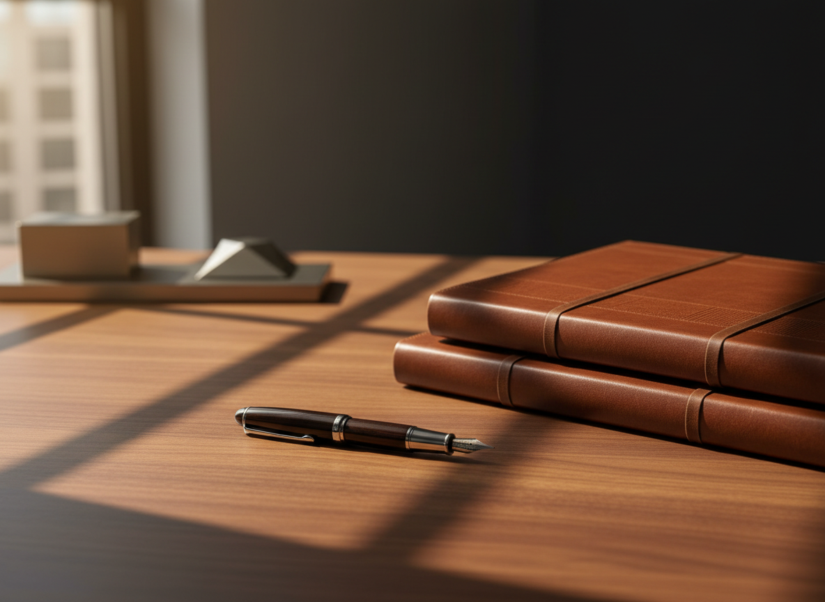 Professional artifacts on a walnut desk in soft morning light