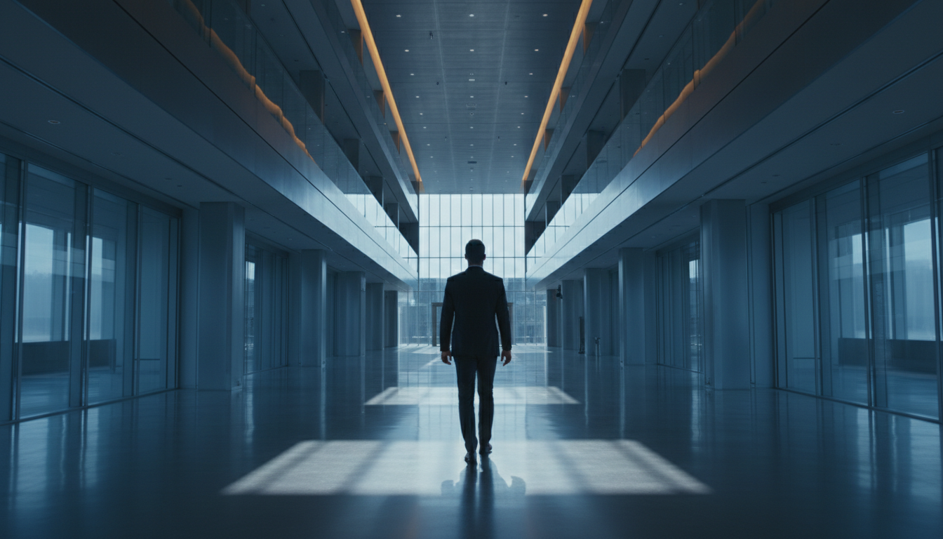 Professional walking through an expansive modern architectural space