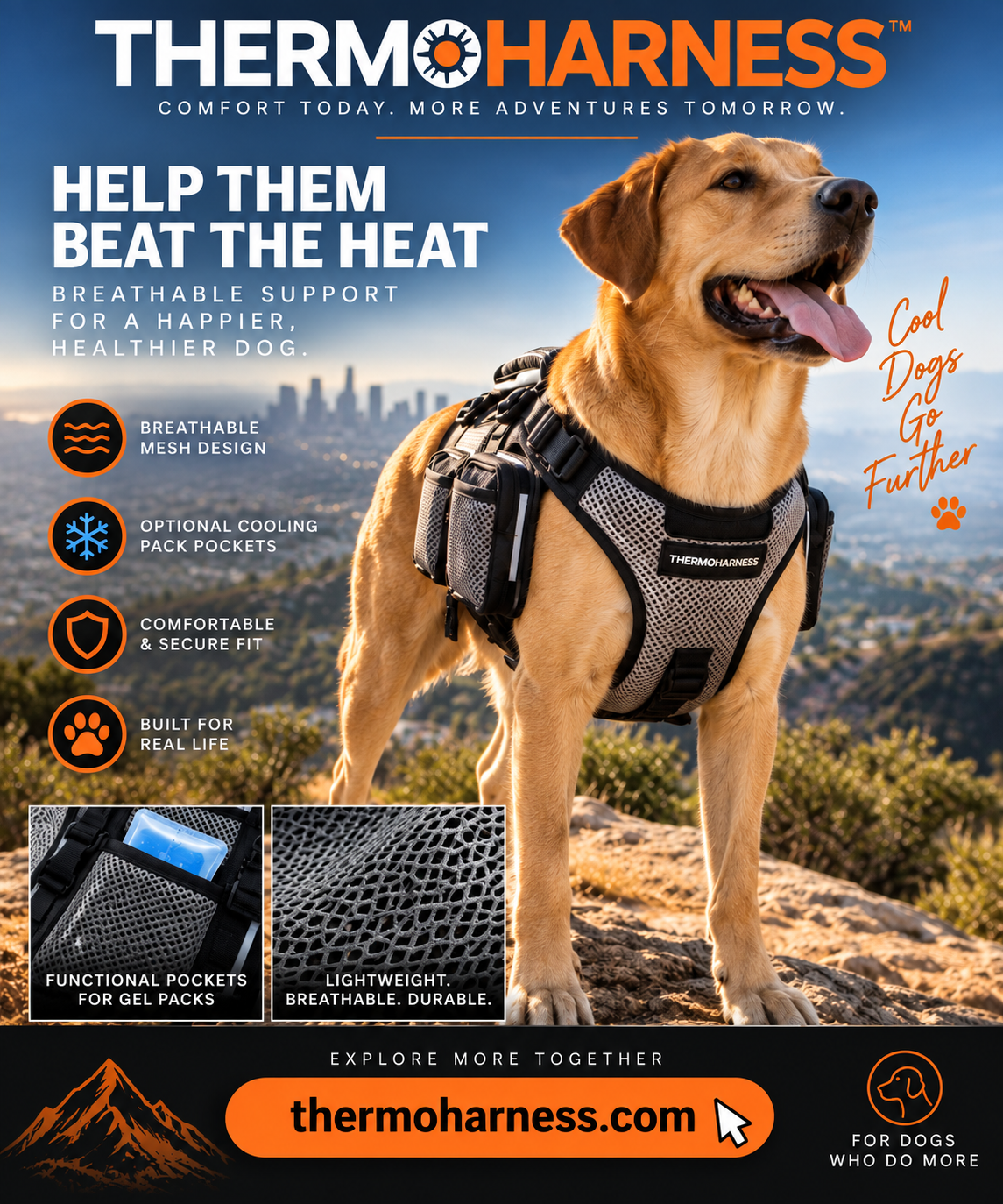 ThermoHarness promotional banner — Help Them Beat the Heat. Breathable support for a happier, healthier dog.