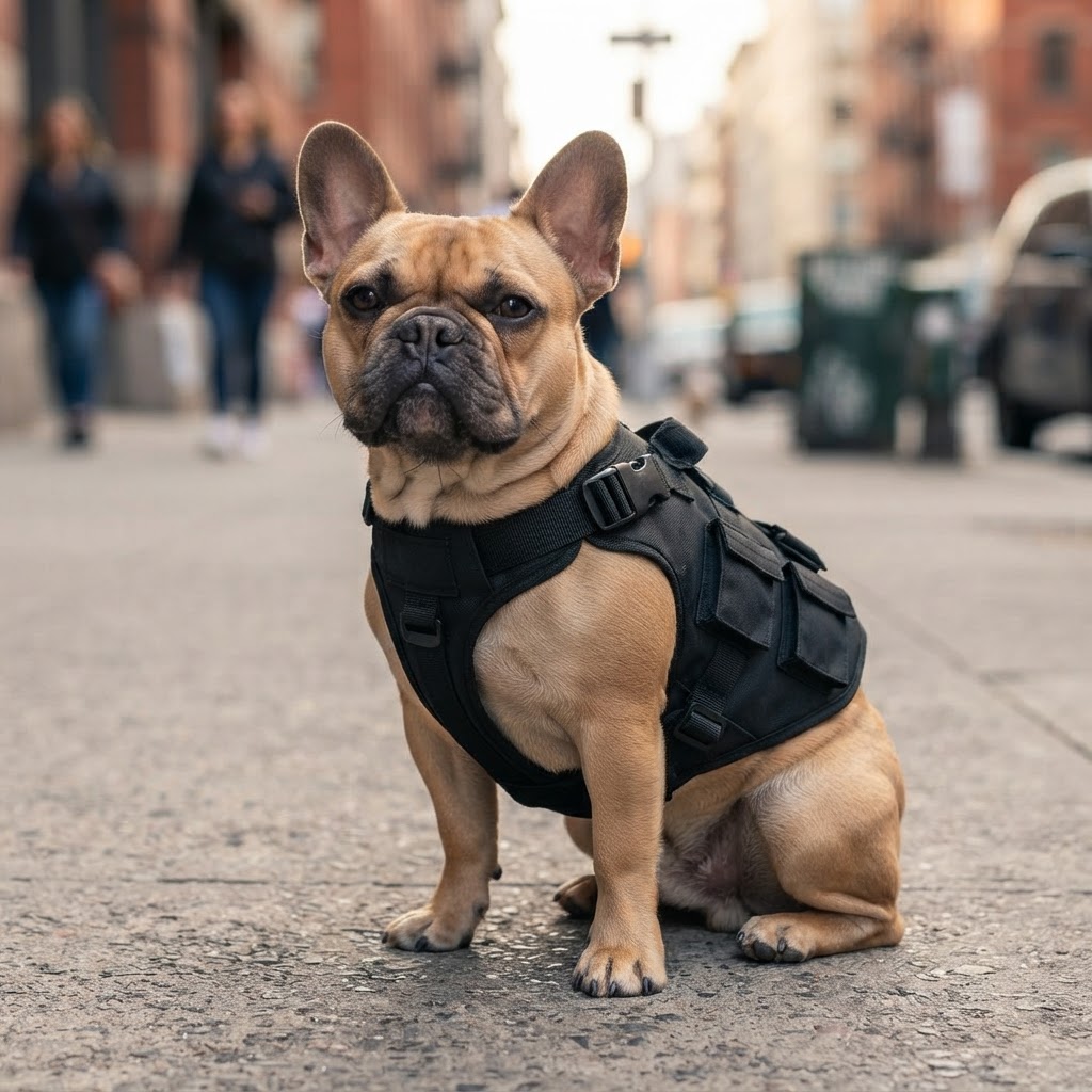 French Bulldog confidently wearing ThermoHarness in an urban setting
