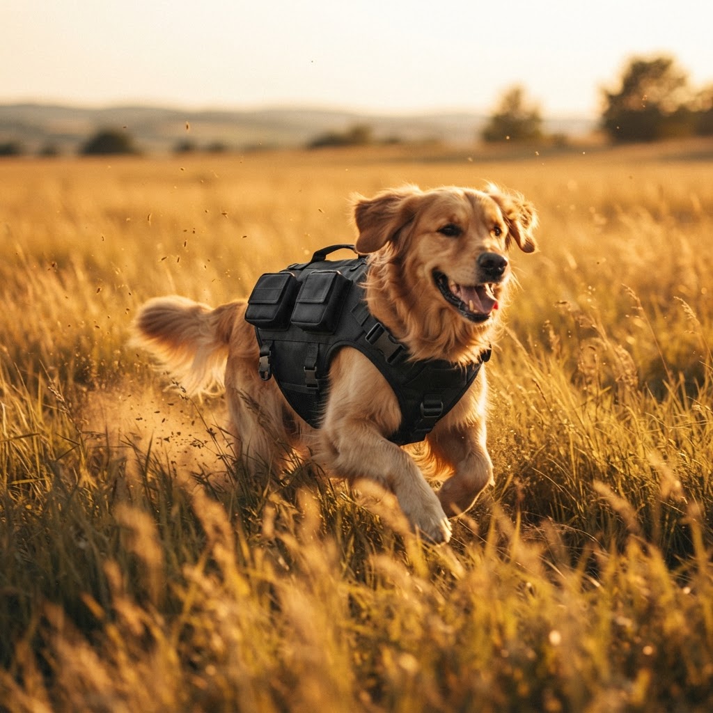 Golden Retriever running joyfully through tall grass wearing ThermoHarness during golden hour