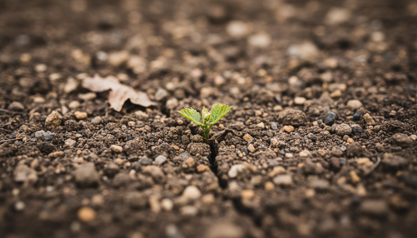 Close-up of dark vineyard soil with a green vine sprout emerging in soft northern light