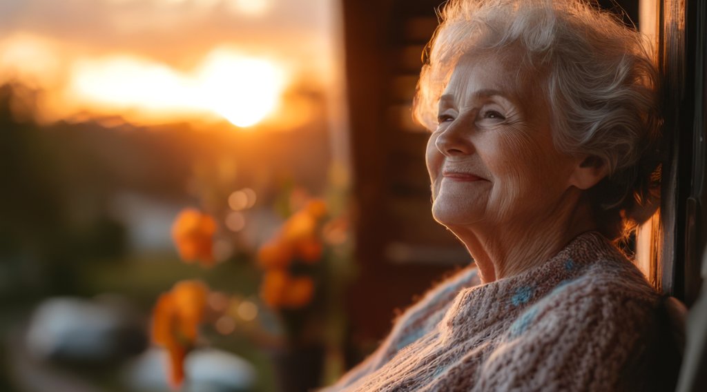 Senior woman with silver hair in warm sunset light, leaning against a wooden pillar