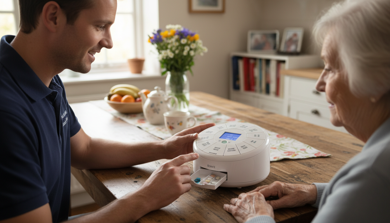 An ETS specialist training a caregiver on assistive technology at a kitchen table