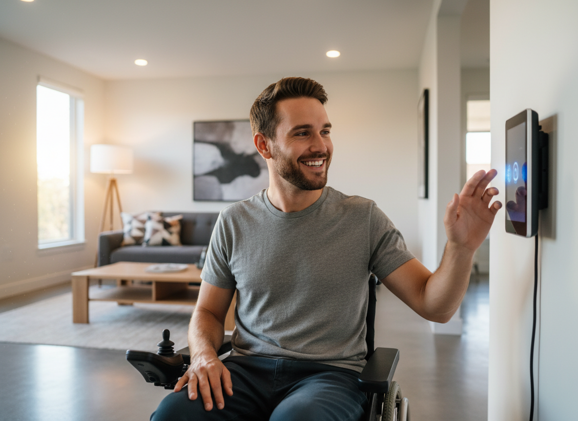 A young adult using voice-activated smart home controls from his wheelchair
