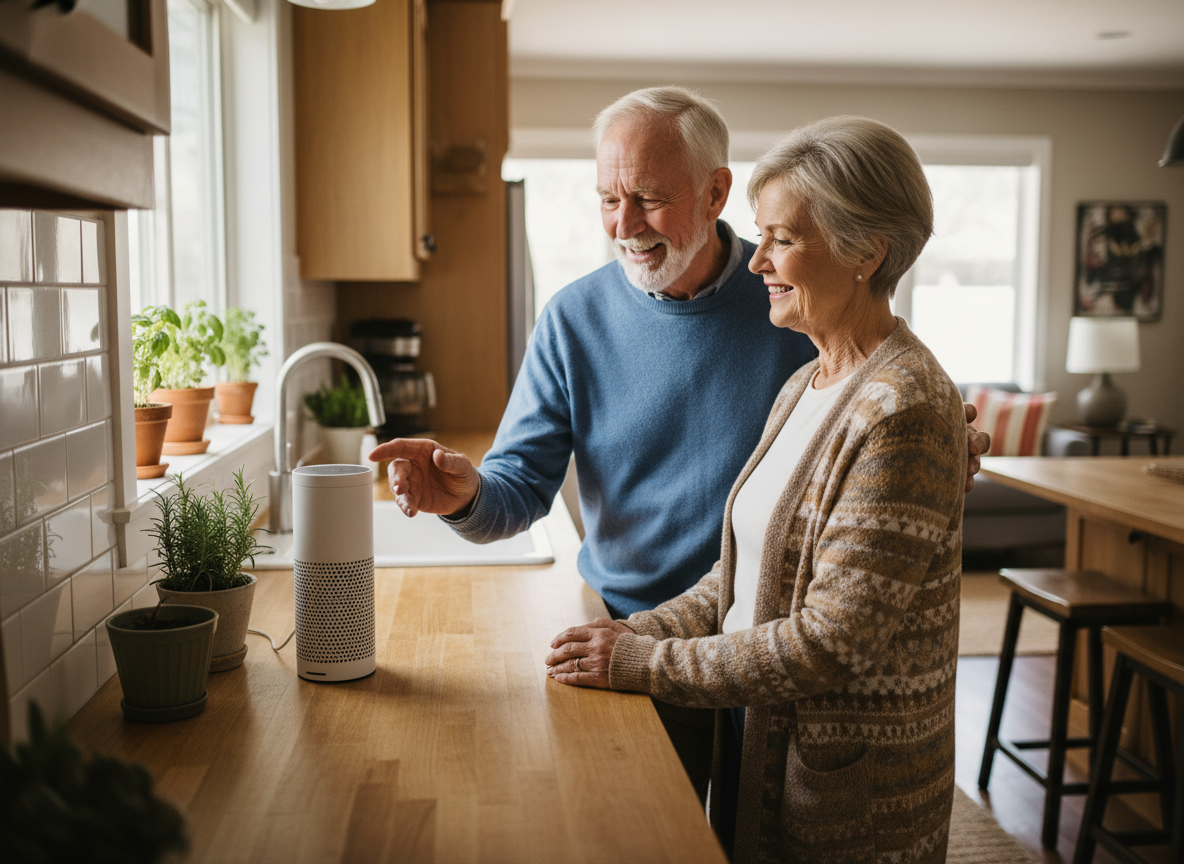 An older couple using a voice-activated smart speaker in their bright kitchen