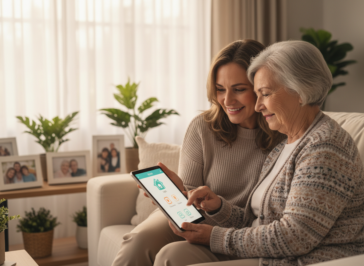 A caregiver and her elderly mother enjoying a tablet together on the sofa