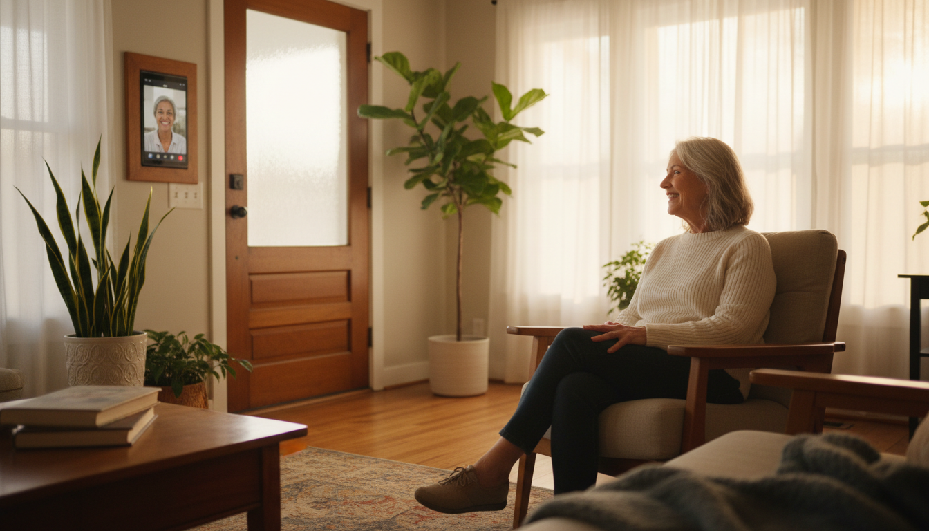 An older woman smiling confidently while using a smart tablet in her sunlit living room, demonstrating independent living through technology