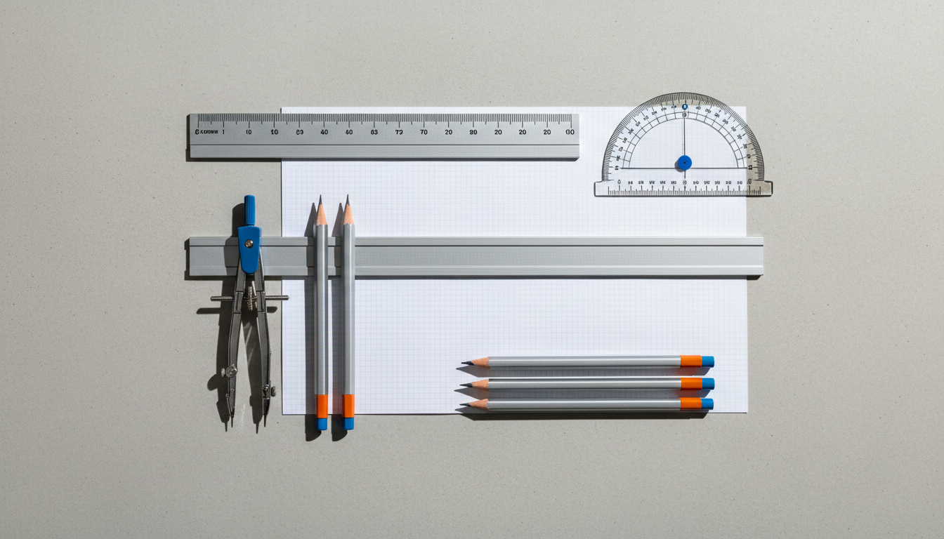 Professional engineering and drafting tools arranged with geometric precision