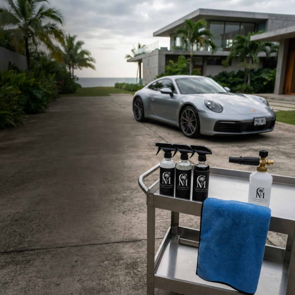 Coastline Mobile detailing cart with branded spray bottles in the foreground and a silver Porsche 911 on a Panama City driveway
